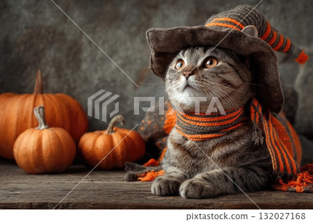 Adorable tabby cat wearing witch hat sits near pumpkins on a wooden surface 132027168