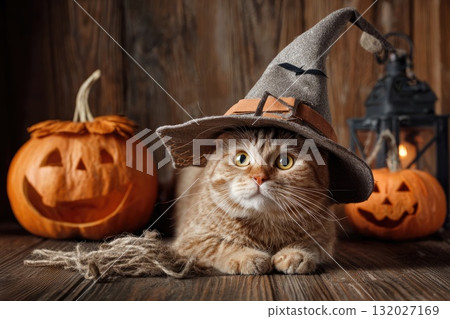 Adorable tabby cat wearing witch hat sits near pumpkins on a wooden surface 132027169