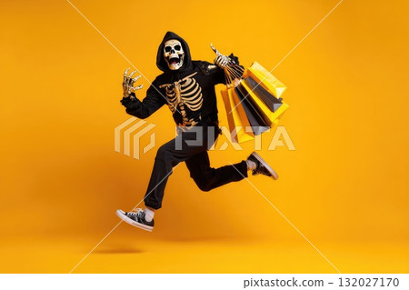 Happy man in skeleton grim reaper costume running and holding shopping bags, celebrating Halloween 132027170