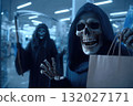 Person wearing death grim reaper costume holding shopping bags in a mall. 132027171