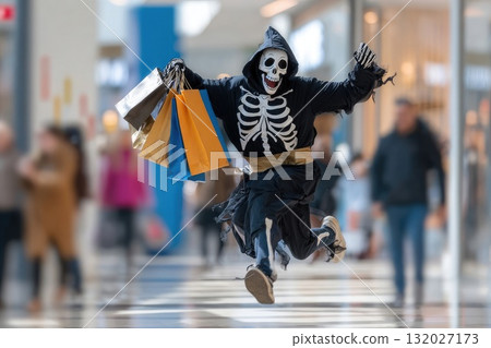 Happy funny person in Halloween grim reaper costume having fun in the mall holding shopping bags 132027173