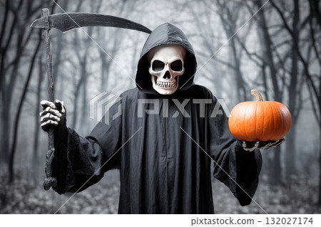 Grim reaper in skeleton mask holding scythe and pumpkin standing in a dark spooky forest 132027174