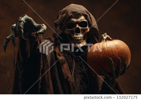 Grim reaper holding pumpkin in the dark 132027175