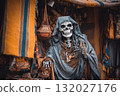 Skeleton wearing a hooded cloak and necklaces in a market stall 132027176