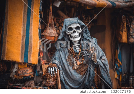 Skeleton wearing a hooded cloak and necklaces in a market stall 132027176