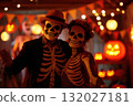Young couple with scary skeleton makeup celebrating Halloween party 132027181