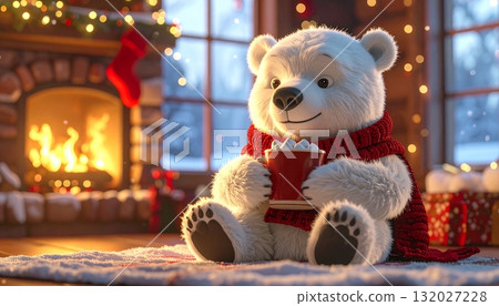 一隻北極熊在帶壁爐和聖誕裝飾的溫暖房間裡喝著可可的 3D 插圖 132027228