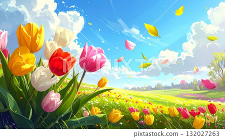 A landscape of tulips swaying in the wind against a blue sky - AI-generated material 132027263
