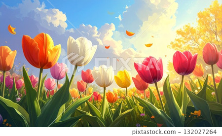 A landscape of tulips swaying in the wind against a blue sky - AI-generated material A landscape of tulips swaying in the wind against a blue sky - AI-generated material 132027264