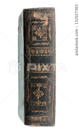 Side view of an antique book spine with aged leather texture and vintage details, isolated on transparent background 132027363