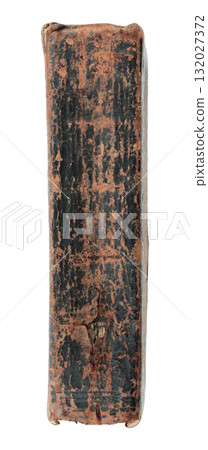 Side view of an antique book spine with aged leather texture and vintage details, isolated on transparent background 132027372
