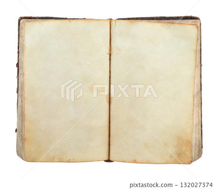 Open antique book showing blank aged pages, isolated on transparent background 132027374