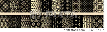 Geometric floral set of seamless patterns. Golden and black vector backgrounds. Damask graphic ornaments 132027414