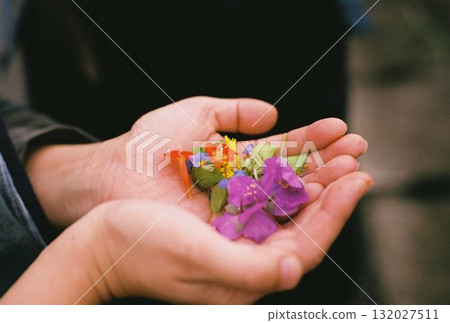 手裡拿著五顏六色的花 手裡拿著五顏六色的花 132027511