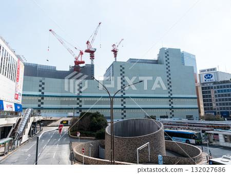 View of the west exit of Shinjuku Station, Odakyu Department Store, in front of Bic Camera, spring blue sky, Shinjuku-ku, Tokyo 132027686
