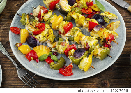 Delicious grilled fish and vegetables. 132027696