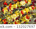 Fish skewers with vegetables for a delicious barbecue. 132027697