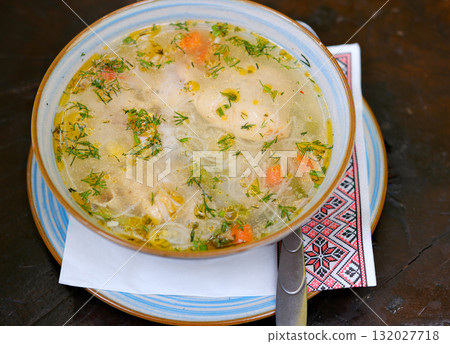 Noodle soup with chicken, carrots and greens. Healthy eating. Diet Noodle soup with chicken, carrots and greens. Healthy eating. Diet 132027718