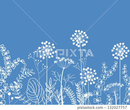 Autumn border with doodle forest and meadow plants. Hand drawn floral background for frames, posters, kids cards, wallpapers. Vector illustration. Autumn border with doodle forest and meadow plants. Hand drawn floral background for frames, posters, kids cards, wallpapers. Vector illustration. 132027757