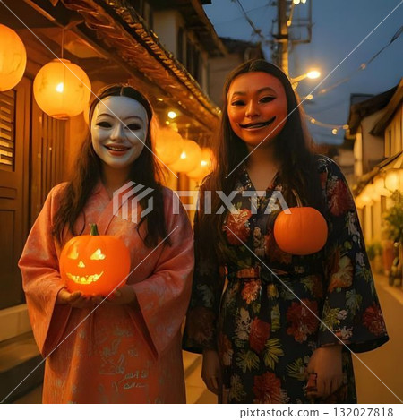 Women in kimonos and wearing Halloween masks walk the streets of Japan at night Women in kimonos and wearing Halloween masks walk the streets of Japan at night 132027818