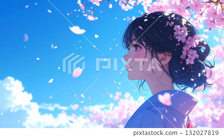 AI-generated image of a Japanese woman standing under a blue sky with cherry blossoms fluttering in the air 132027819
