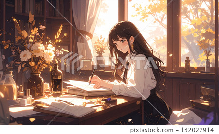 秋日午後,女孩在寫信──在明亮的房間裡享受寧靜的時刻 秋日午後,女孩在寫信──在明亮的房間裡享受寧靜的時刻 132027914