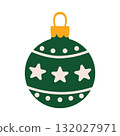 Green Christmas tree ball toy with star pattern. Flat graphic vector illustration on a white background. 132027971