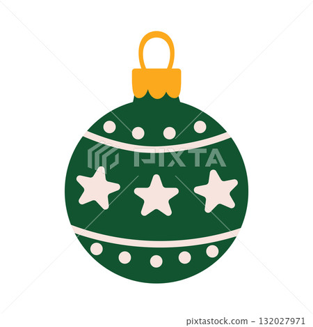 Green Christmas tree ball toy with star pattern. Flat graphic vector illustration on a white background. 132027971