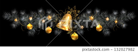 Merry Christmas. Isolated composition of a golden bell and white fir tree branches 132027982