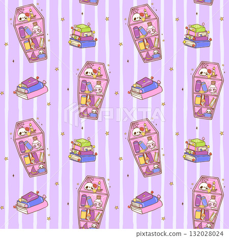 Cute Spooky Halloween Seamless Pattern Bookish Coffin Bookshelf Cartoon Hand Drawn Repeat Background Cute Spooky Halloween Seamless Pattern Bookish Coffin Bookshelf Cartoon Hand Drawn Repeat Background 132028024