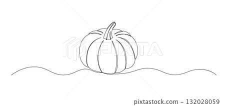 Pumpkin one continuous line illustration. Hand drawn vector sketch isolated on white background. Pumpkin one continuous line illustration. Hand drawn vector sketch isolated on white background. 132028059