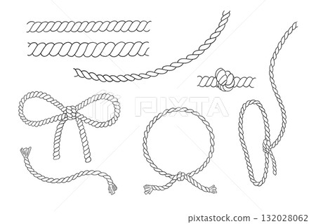Set of rope knots, round nautical frame and lasso. Outline vector illustrations isolated on white background. Marine sketch 132028062