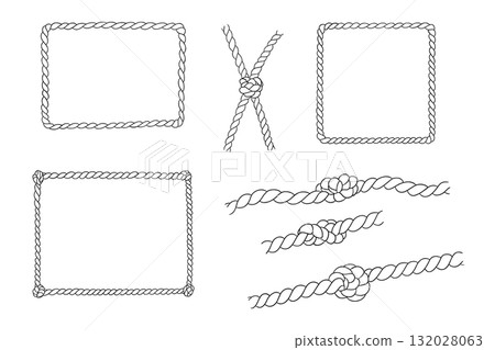 Rope rectangle and square frame. Nautical vintage outline vector border isolated on white background. Hand drawn line art 132028063