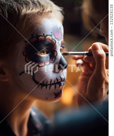 A boy wearing face paint for Halloween. Enjoy the autumn event with skeleton makeup. A boy wearing face paint for Halloween. Enjoy the autumn event with skeleton makeup. 132028138