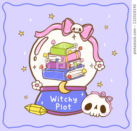 Cute Halloween Bookish Reading Book stacked in Crystal Ball Cartoon Hand Drawn Greeting Card Printable 132028140