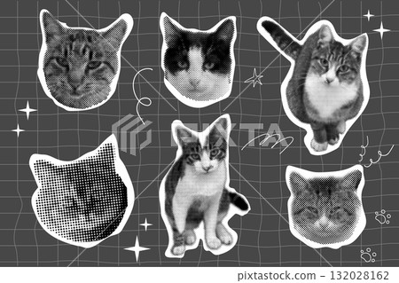 Cat halftone collage sticker set, trendy retro y2k pet, funky emoticon animal, pop aesthetic pink background. Meme head with speech bubble. Funny kitty. 132028162