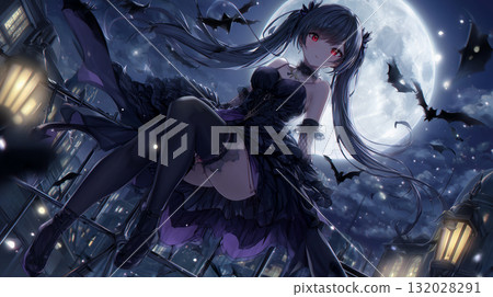 A vampire girl standing on a full moon night, her black dress fluttering in the wind, creating a fantastic night view A vampire girl standing on a full moon night, her black dress fluttering in the wind, creating a fantastic night view 132028291