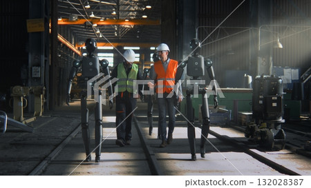 Male Engineers Wearing Protective Vests and Helmets Work Alongside Humanoid Robots Male Engineers Wearing Protective Vests and Helmets Work Alongside Humanoid Robots 132028387
