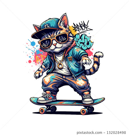 Cartoon cat character skateboarding, wearing a backwards hat, sunglasses, and a jacket with graffiti and bright splatters. 132028498