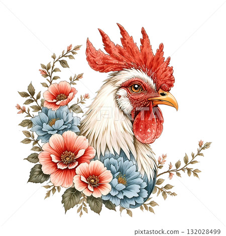 Striking portrait of a rooster head with a red comb, framed by elegant pink and blue floral elements and delicate botanical accents. Striking portrait of a rooster head with a red comb, framed by elegant pink and blue floral elements and delicate botanical accents. 132028499