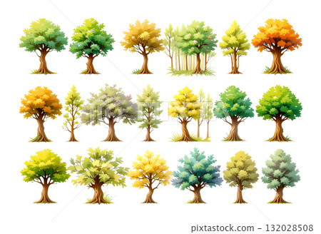 Diverse set of deciduous trees illustrating four seasons with foliage in shades of green, yellow, and orange, for landscape design. Diverse set of deciduous trees illustrating four seasons with foliage in shades of green, yellow, and orange, for landscape design. 132028508