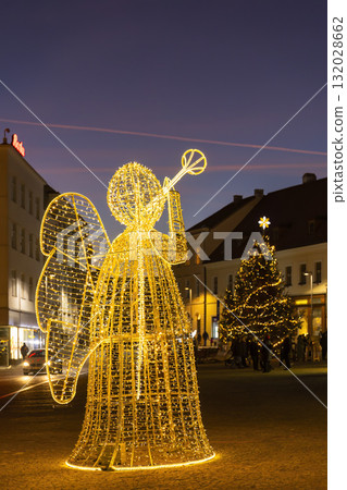 Illuminated angel and Christmas tree in Znojmo square 132028662