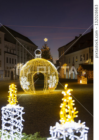 Znojmo town square glowing with Christmas lights at night 132028663
