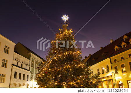 Christmas tree glowing in Znojmo town square at night Christmas tree glowing in Znojmo town square at night 132028664