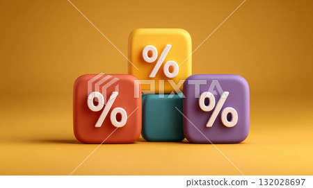 Colorful blocks with percentage symbols on orange background convey financial theme 132028697