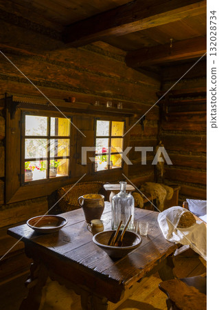 Traditional wooden interior showcasing rural historical village life Traditional wooden interior showcasing rural historical village life 132028734