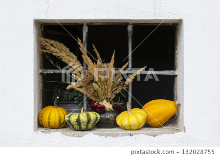 Autumn gourds and dried grasses decorating old window 132028755