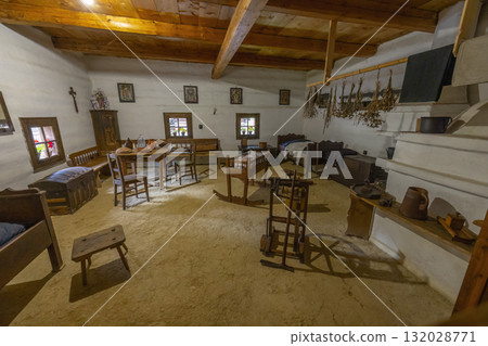 Traditional Slovak village house interior showing historical lifestyle Traditional Slovak village house interior showing historical lifestyle 132028771