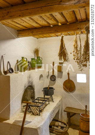 Traditional Slovak rural kitchen with clay pots Traditional Slovak rural kitchen with clay pots 132028772