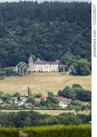 Chateau overlooking French rural village in Bourgogne Franche Comte 132028827